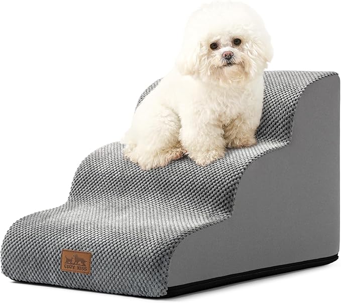 COZY KISS Dog Stairs for Small Dogs 15.7" H, Curved Dog Step for Puppy, Older Cat, Medium Pet Ramp for Sofa, Couch or Chair, Ladder with High Density Foam, 3 Step, 15.7x22.4x15.7 inch, Grey