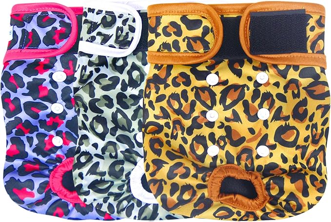 Leekalos Reusable Washable Dog Diapers Female (3 Pack) - Highly Absorbent Doggie Diapers - Size Adjustable Puppy Diapers for Dog Period Panties (Small, Leopard)