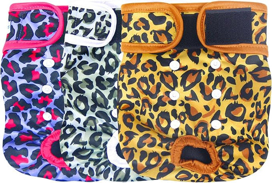 Leekalos Reusable Washable Dog Diapers Female (3 Pack) - Highly Absorbent Doggie Diapers - Size Adjustable Puppy Diapers for Dog Period Panties (Large, Leopard)