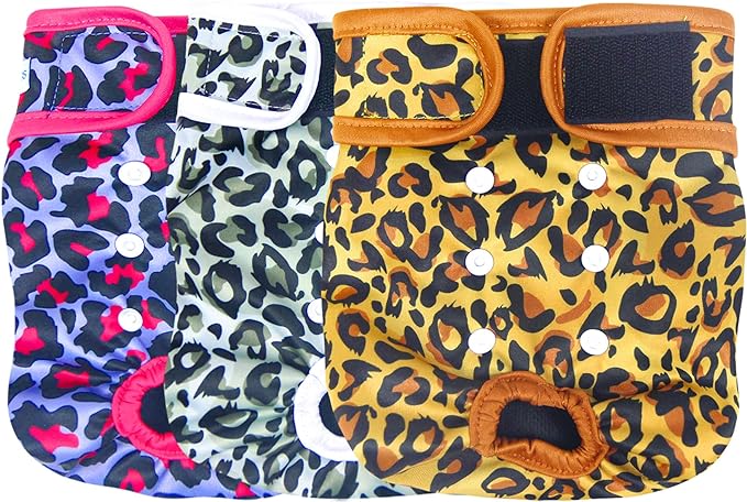 Leekalos Reusable Washable Dog Diapers Female (3 Pack) - Highly Absorbent Doggie Diapers - Size Adjustable Puppy Diapers for Dog Period Panties (X-Large, Leopard)