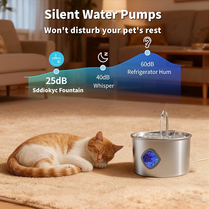 Cat Water Fountain Stainless Steel: 108oz/3.2L Cat Fountain for Drinking - Pet Water Fountains for Cats Indoor - Cat Water Bowl Dispenser - Pets Feeding & Watering Supplies - Water Level Window