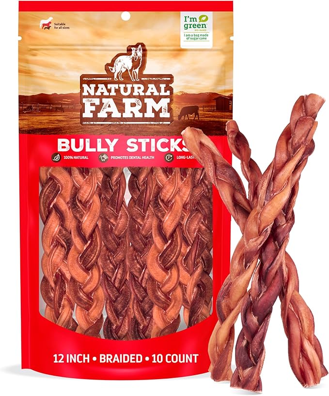 Natural Farm Odor-Free Braided Bully Sticks (12 Inch, 10 Pack) - 100% Grass-Fed Beef, Grain-Free, Low Fat & Fully Digestible Best Dental Treats - Safest Long Lasting Pizzle Chews to Keep Your Dog Busy