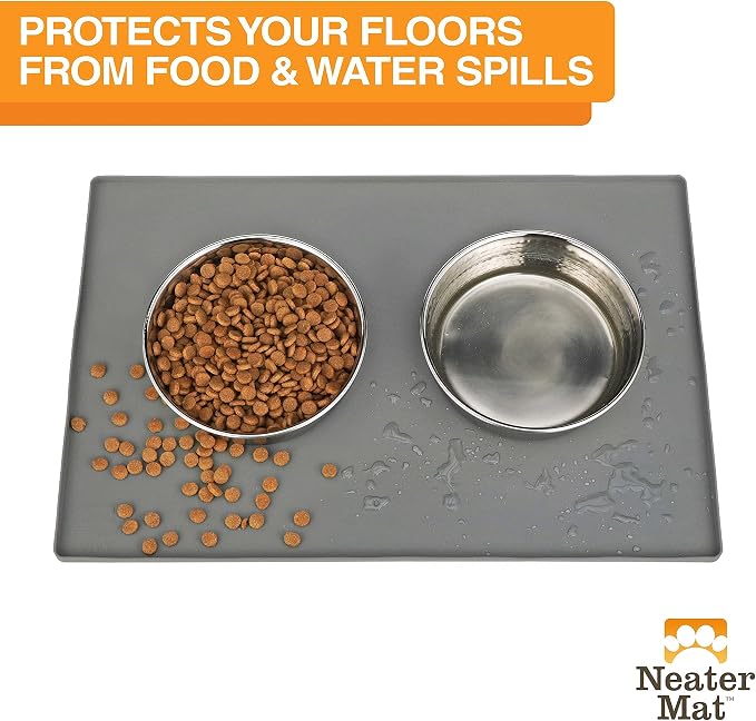 Neater Pets Stylish Stainless Steel Hammered Pet Bowls for Food & Water with Neater Mat Waterproof Silicone Bowl Mat