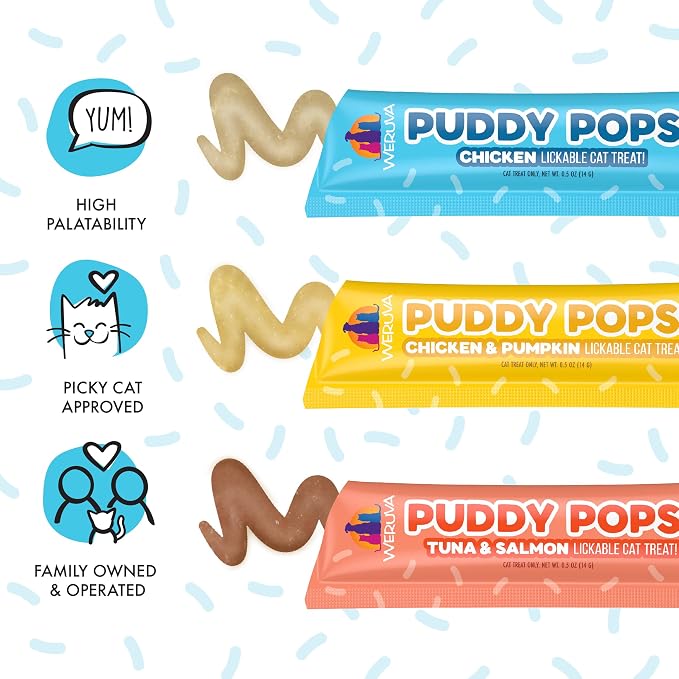 Bundle of Weruva Puddy Pops Lickable Cat Treats in 3 flavors, Chicken, Tuna & Salmon, and Chicken & Pumpkin
