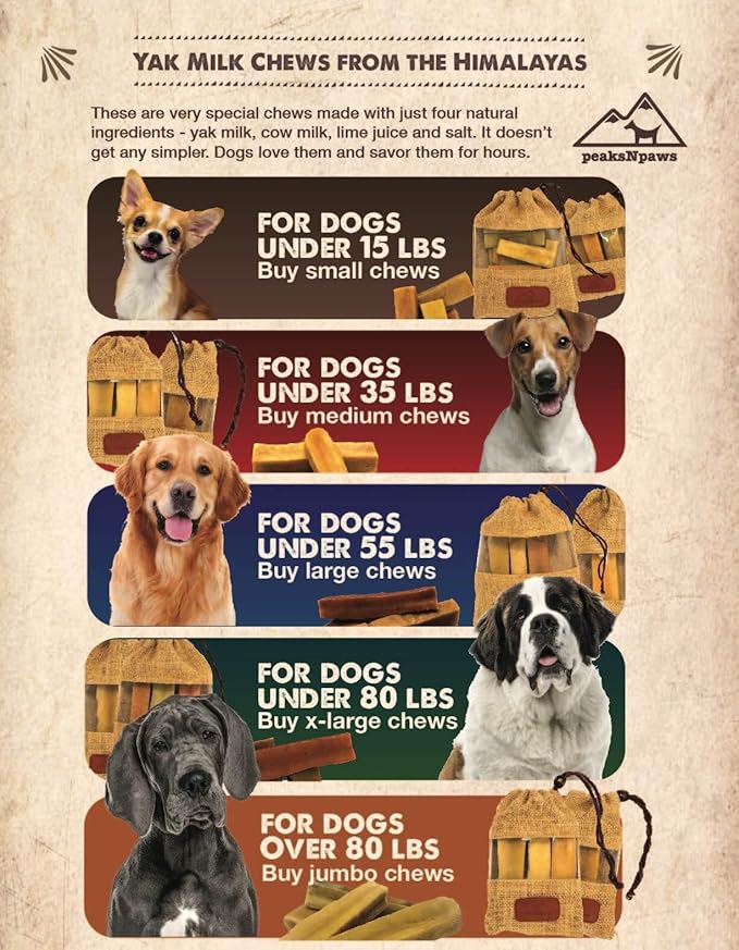 peaksNpaws Yak Cheese Himalayan Dog Chews, High Protein, Natural Dog Treats Large Breed, Lactose Free Chew Sticks for Aggressive Chewers, Long Lasting Pet Treat for Dogs Under 80 lbs, 3 X-Large Chews
