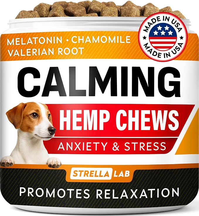 STRELLALAB Vet Formulated Hemp Calming Chews for Dogs - Anxiety Relief Calming Treats - Advanced Melatonin Pet Calm - Natural Sleep Aid & Stress, Separation Anxiety Relief - 120 Treats - Bacon
