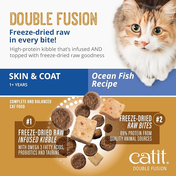 Catit Recipes Double Fusion Skin & Coat Cat Food – Ocean Fish Recipe, High-Protein, Freeze-Dried Raw Toppings, Omega-Rich for Healthy Skin & Fur, No by-Products, Minimally Processed, 4 lb