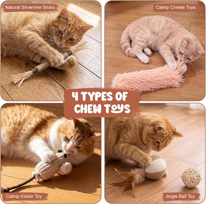 Supervitae 24 in 1 Kitten Toys for Indoor Cat Storage Basket Gift Toys Set Hanging Interactive Cat Toy Matatabi Stick and Crinkle Balls Teething Toy, Attract Kitten to Swat Hunt for Pet Indoor