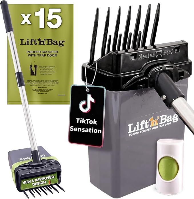 Neater Pet Brands Lift N’ Bag 2.0 Dog Pooper Scooper with Bag Attachment & 22" Pole for Small to Large Dogs, New & Improved Design, 15 Refill Bags, Heavy Duty Dog Poop Scooper for Yard, One-Hand Use