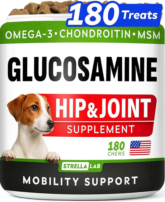 Glucosamine Treats for Dogs - Joint Supplement w/Omega-3 Fish Oil - Chondroitin, MSM - Advanced Mobility Chews - Joint Pain Relief - Hip & Joint Care - Peanut Butter Flavor - 180 Ct - Made in USA