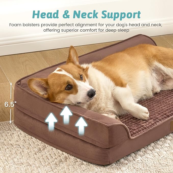 COZY KISS Orthopedic Dog Bed for Medium Small Size Dog, Dogs Crate Bed, L Shaped Foam Anti-Slip Bottom Pet Cat Sofa with Washable Removable Cover, Suitable for Pet Up to 40 lbs, 30x20x7.5 inch, Brown