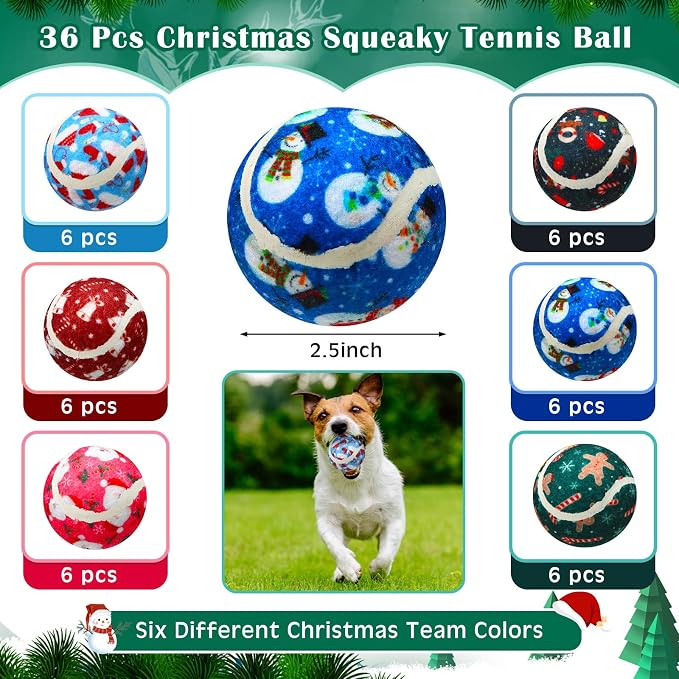 Seenelling 36 Pcs Dog Squeaky Tennis Balls 2.5 Inch Interactive Balls for Small Medium Large Dogs Teething Chew Toys for Throwing Fetch Exercise Playing Outdoor 6 Style(Snowman)