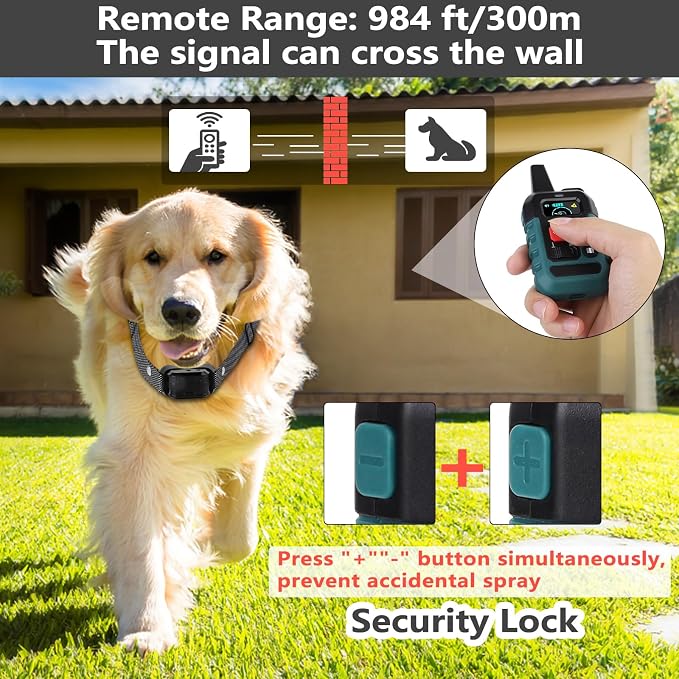 Citronella Bark Collar for Dogs, Dog Training Anti Bark Collar with Remote, 4 Modes Spray/Vibration/Sound/Reinforcement Spray, 1000FT Control Range for S/M/L Dogs (Green)
