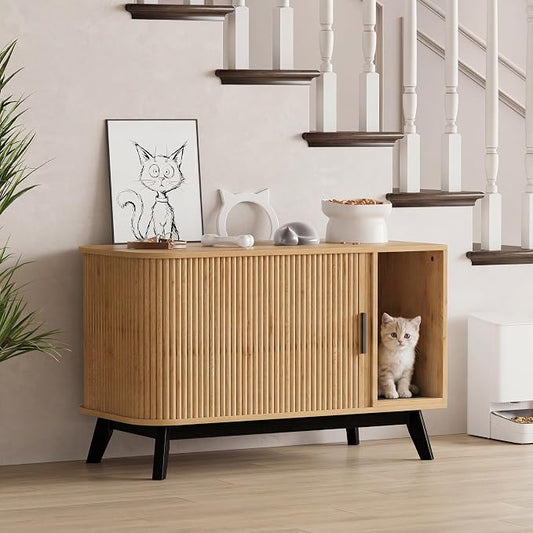 Garvee Cat Litter Box Enclosure, 39" Litter Box Enclosure Furniture Hidden Litter Box with Cat Litter Mat and Sliding Door, Modern Indoor Cat House, Side End Table for Living Room, Natural Wood Color