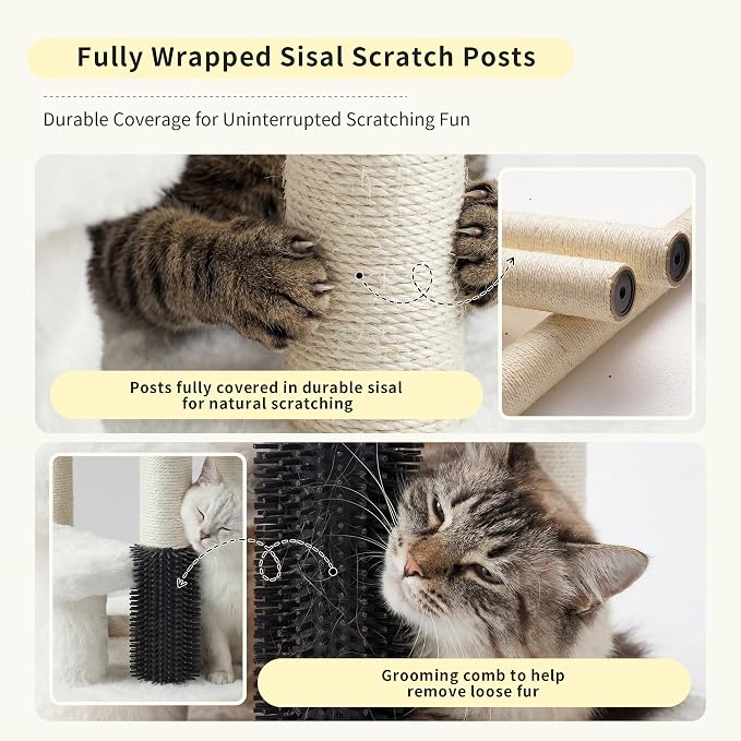 Heybly Cat Scratching Post, Small Cat Tree Tower with 3 Full Sisal Posts, Removable Plush Bed, Grooming Brush, Stable & Space-Saving Cat Furniture with Gentle Step for Indoor Cats, White HSP001SWH