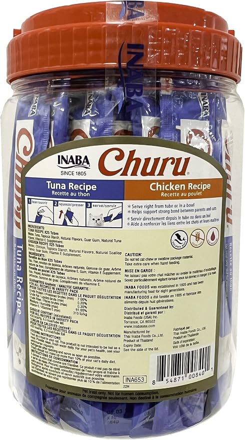 INABA Churu Lickable Grain-Free Purée Cat Treats, 25 Tuna & 25 Chicken | Grain-Free, Lickable, Squeezable Creamy Purée, Treat/Topper