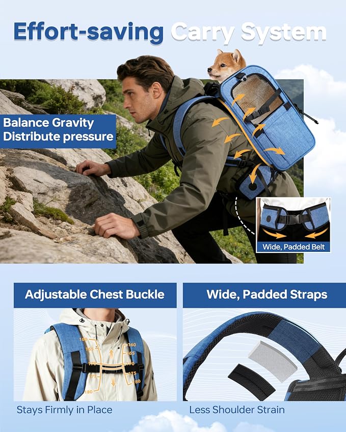 Hiking Dog Carrier Backpack, Adjustable Waist Cushioning Belt with Breathable Padded Back Support, Dog Carrier for Hiking with 5 Pockets, Dog Carrier Backpack for Small Dogs Max 13LB Blue