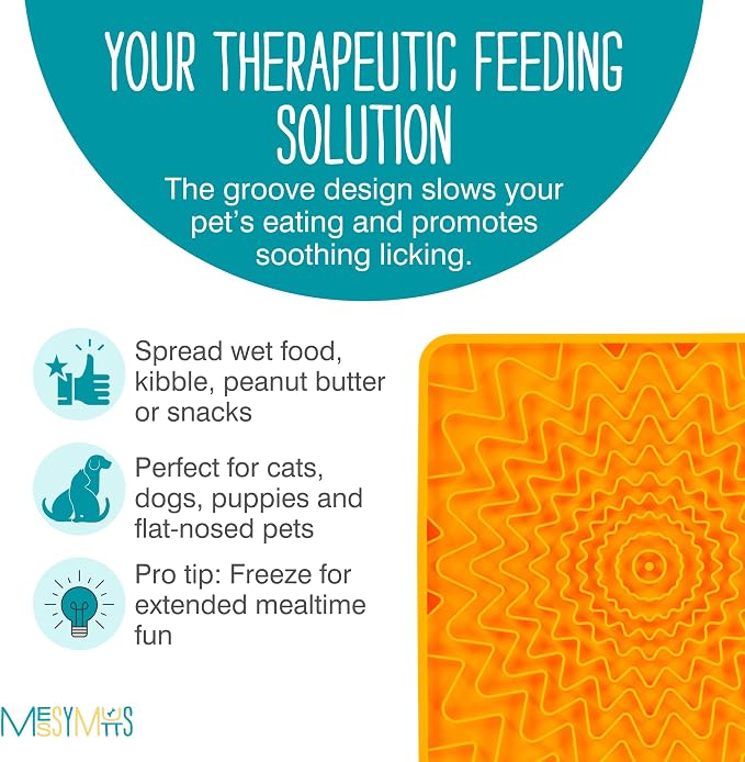 Messy Mutts Framed Silicone Therapeutic Licking Mat | 9.5" x 9.5" | Slow Feeder Mat for Boredom & Anxiety | Lick Pad for Dogs & Cats | Orange