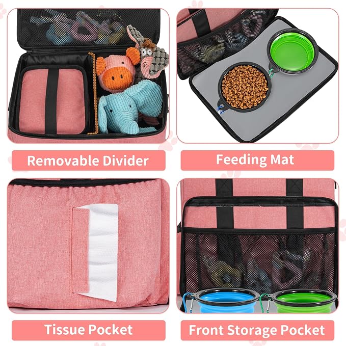 Dog Travel Bag,Large Pet Travel Bag for Supplies with 2 Food Container and Collapsible Bowls,Dog Travel Supplies Organizer Kit for Weekend,Road Trips,Camping