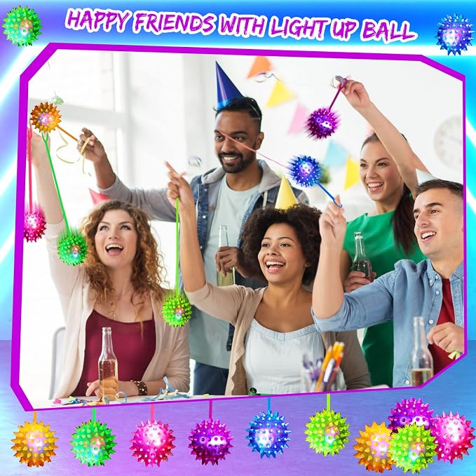 Leitee 36 Pieces Bouncy Balls Party Favor for Kid Light up LED Ball Bulk Glow in The Dark LED Flashing Light Spiky Toy on Rope Sensory Stress Relief Fidget Toy Rubber for Teen Adult Student
