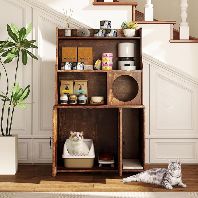 PETSITE Industrial Cat Litter Box Enclosure with Storage Shelves, 2-in-1 Wooden Hidden Litter Box Furniture with 3-Tier Open Shelf, 51-Inch Tall, Rustic Brown
