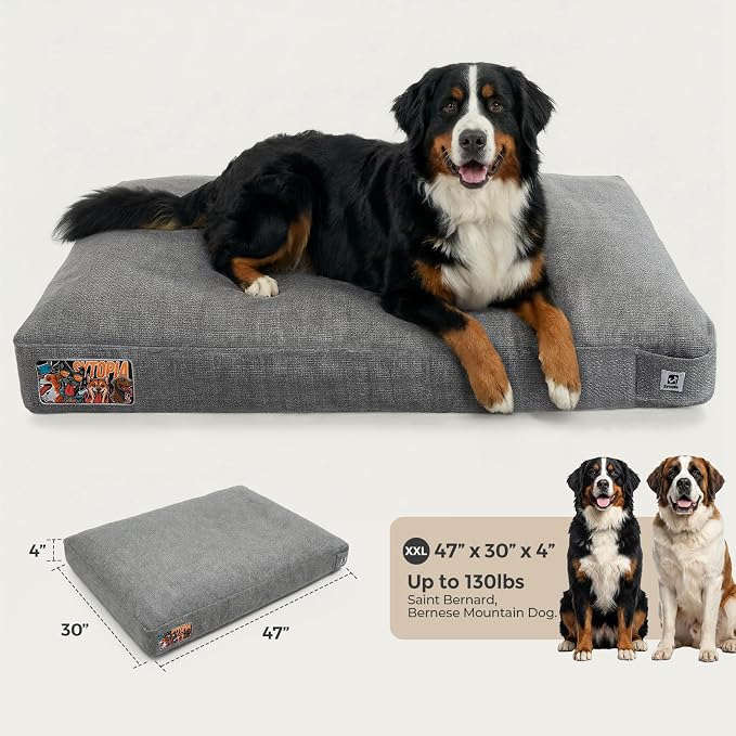 Sytopia 47 Inch Durable Dog Beds for XXL Dogs, Waterproof Pet Crate Pad with Machine Washable Removable Cover, Great for Indoor, Outdoor, Crate, Patio Use, Grey