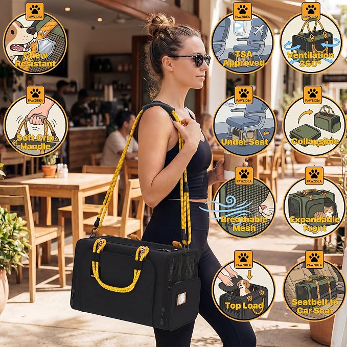 PAWZIDEA Expandable Pet Carrier Airline Approved, 18"×11"×11" Small Dog Carriers, Collapsible Top-Load Cat Carrier for 2 Cats Under Seat, Soft-Sided Puppy & Animal Travel Bag, ID Card, Up to 15lbs