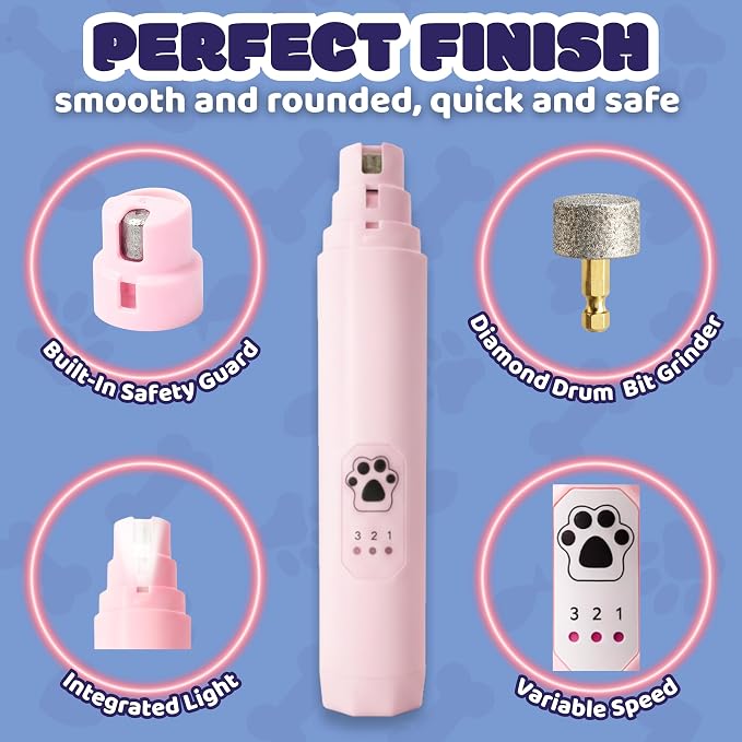 Silent Groom Pro Pet Nail Grinder Quiet with Light - Professional Pet Nail Trimmer for Large Dogs Cats - Rechargeable Electric Grinder with Paw Balm (Rose)