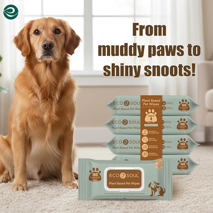 ECO SOUL Pet Wipes for Dogs & Cats, Unscented Large Cleaning Wipes with Aloe Vera & Jojoba Oil | (100 Count Each, Pack of 4)