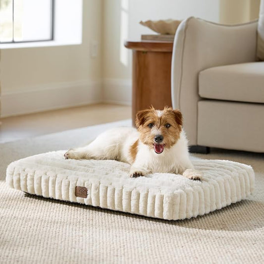 Bedsure ComfyFleece™ Plush Dog Bed Medium Size Dog, Dog Crate Bed for Balanced Support, Cute Chopped Foam Pillow Pad with Removable Washable Cover, Non-Slip Waterproof Cozy Pet Mat, 30"x 20", Cream