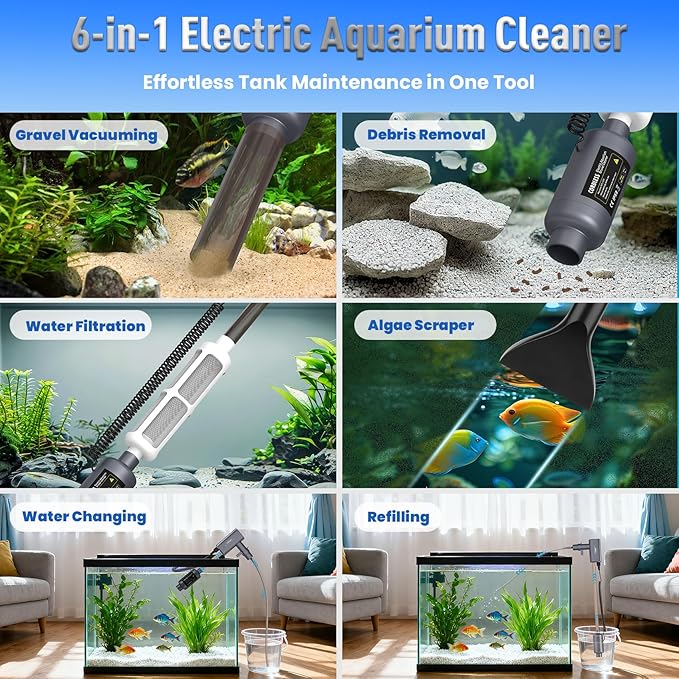 Cordless Electric Aquarium Gravel Cleaner:36W Rechargeable Fish Tank Cleaner with 4 Adjustable Suction, Anti-Clog for Debris Clean & Sand Washing,650GPH Automatic Water Changer for Small/Large Tanks