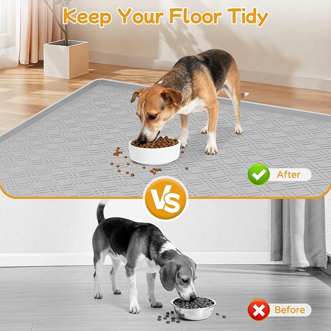 Dog Food Mat, 42" x29" Large Silicone Mat Dog Feeding Mat with Raised Edge Non-Slip Pet Feeding Mat for Food and Water Bowl, Easy to Clean, Floor Protection (Light Gray)