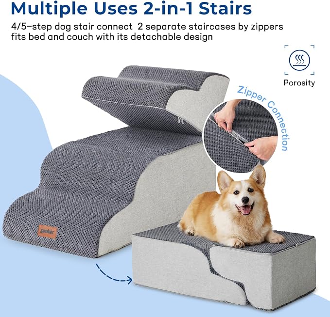ZOMISIA Dog Stairs for High Beds - Pet Stairs Ramp for Couch, 35D Foam Dog Steps for Small to Large Pets, with Non-Slip Bottom Beige, 5 Steps