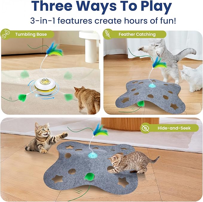 PAWSPIK 3-in-1 Hide & Seek Interactive Cat Toy - Rechargeable Automatic Feather Chasing & Tumbling Peek-A-Boo Exercise Toy for Bored Indoor Cats & Kittens