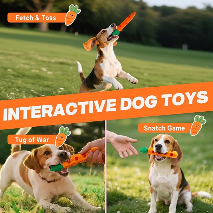 Fida 2-in-1 Puppy Teething Toys, Natural Rubber Chew Toys for Dogs to Keep Them Busy & Plush Toys with Crinkle Leaves, Interactive Dog Toys for Small Medium Breeds and Puppies.(Carrot)