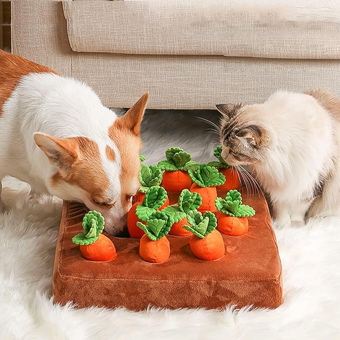Carrot Snuffle Mat for Dogs, Interactive Dog Plush Puzzle Toys, 2 in 1 Non-Slip Nosework Feed Games, Pet Stress Relief with 12 Carrots