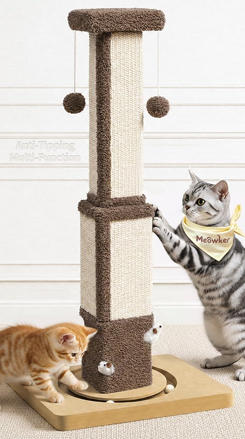 Tall Cat Scratching Post for Large Cats Kittens, 33" Indoor Sisal Vertical Pole Heavy Duty Square Structure with 4 Interactive Mouse Holes and Track Ball Base, Shields Furniture from Scratches