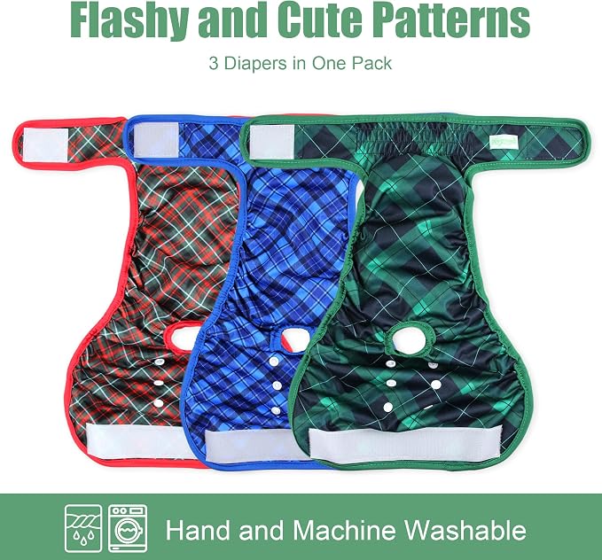 wegreeco Washable Dog Diapers (3 Pack), Highly Absorbent Dog Diapers for Female Dogs, Female Dog in Heat, or Excitable Urination (Blue, Green, Red Plaid, Medium)