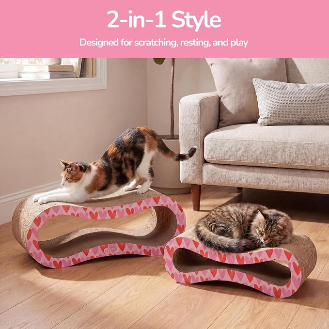 Suvi 26" Modern Cardboard Infinity 2-in-1 Lounge Bed Cat Scratcher with Catnip, Red Hearts, Corrugated Scratching Surface and Tunnel for Indoor Cats CSR1014H