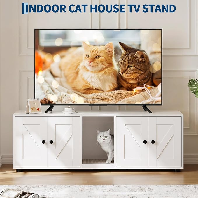 Garvee Cat Litter Box Enclosure for 2 Cats, Hidden Litter Box Furniture Cabinet with Double Room, Double Cat Litter Box Enclosure, Indoor Cat House, 43.4 x 18.1 x 17.7 Inches