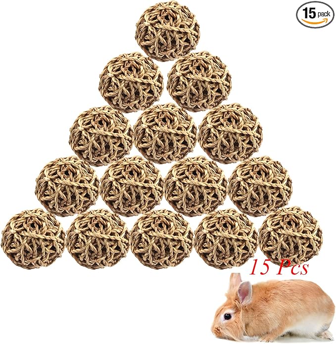 Hamiledyi 15PCS Rabbit Grass Balls 2.8in Large Guinea Pig Balls Small Animal Activity Enrichment Toy for Bunny Chinchilla Hamster Gerbil Grinding Playing