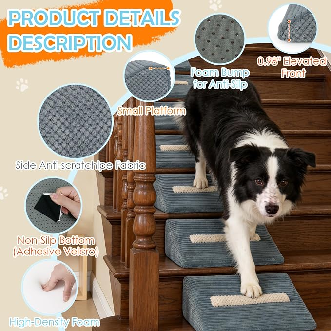 Foam Dog Ramp for Stairs, Low-Impact Climbing Dog Stairs for Senior Dogs | 5.1"H, 6 Pack, 40D High-Density Foam Won't Collapse, Protects Joints, Anti-Slip & Self-Sticky Pads, Washable Cover, Grey