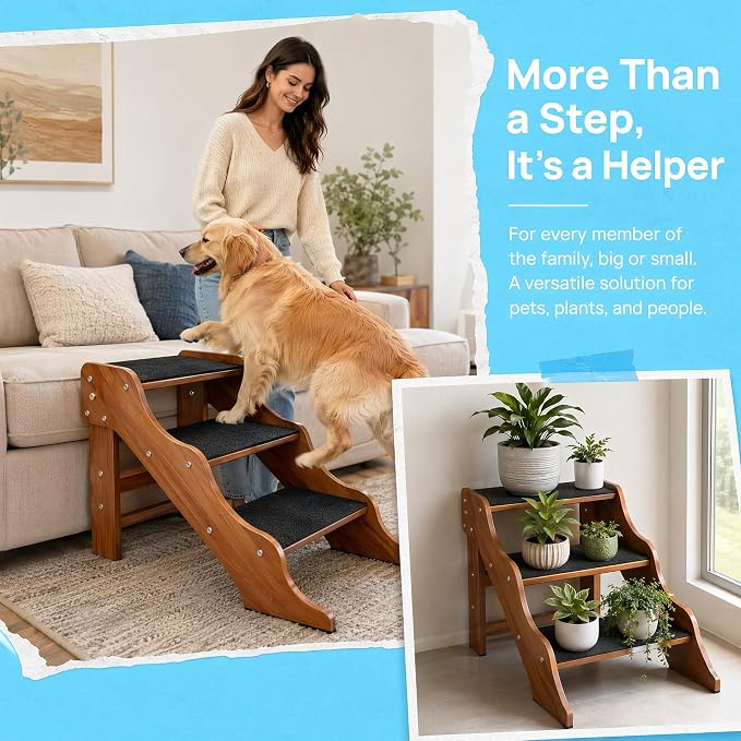 Solid Wood pet Staircase Walnut Paint, Dog Ladder, Suitable for high beds, Sofas, and Cars, with a Weight Capacity of 500 pounds, Anti Slip Staircase, Suitable for Large Pets (Walnut 3 Steps)