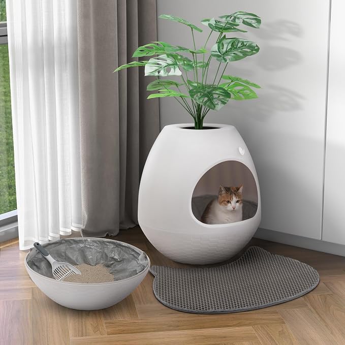 Eggloa6 Plant Large Cat Hidden Litter Box with 4X Litter Box Liners, Cat Litter Mat, Artificial Plant Litter Box Enclosure Furniture Large DIY Litter Box Furniture for Cat Kitty Bunny