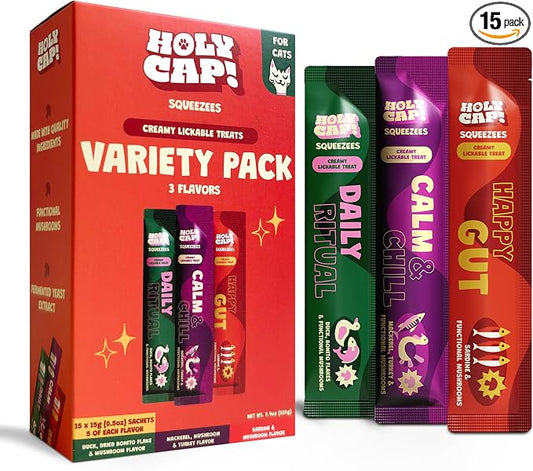 Variety Pack Grain-Free Lickable Cat Treats 15 Squeezable Purée Tubes (0.5 oz Each), Daily Ritual, Happy Gut & Calm & Chill Flavors, Creamy Cat Purée with Clean Ingredients