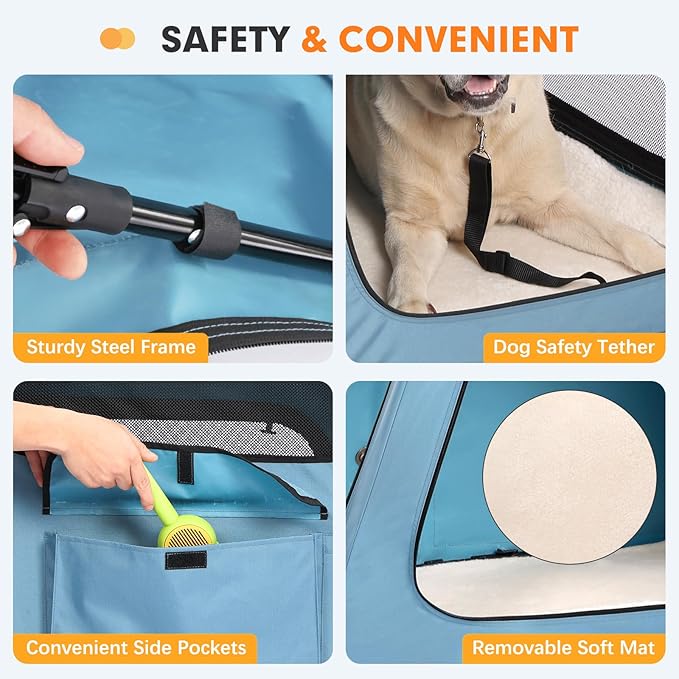 Snagle Paw Portable Dog Crate for Car Travel, Collapsible Large Dog Travel Crate with Metal Frame & 3-Door Mesh Windows, Secures in Trunk/Backseat, Soft-Sided Kennel Carrier for Medium Large Dogs-L