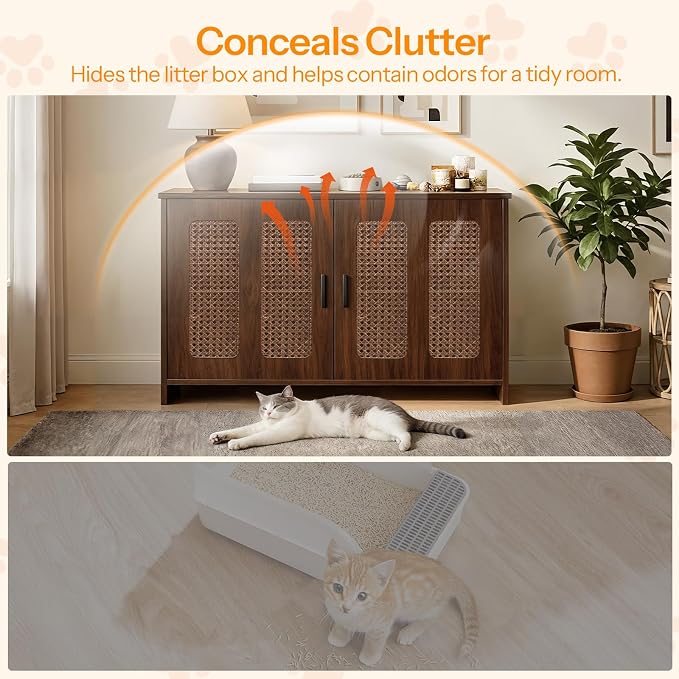 HOOBRO Farmhouse Cat Litter Box Enclosure, Hidden Litter Box Furniture with Side Entry & Vents, Litter Box Cabinet with Double Woven Doors, Side Table for Living Room, Bedroom, Walnut WL33MW01