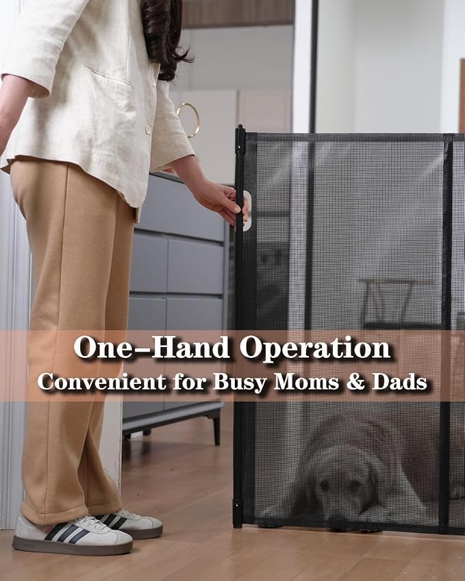 80" Wide Retractable Baby Gate for Stairs, 42" Extra Tall Retractable Dog Pet Gate with Support Rods, Mesh Screen Child Safety Gate for Doorways Hallways Deck Porch, Outdoor Indoor Use