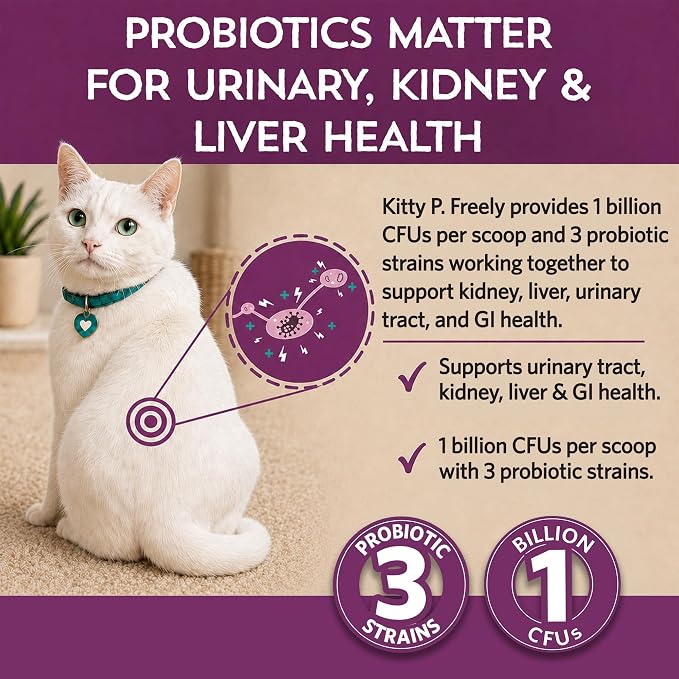 Kitty P. Freely Cat Probiotic Powder with Cranberry, Supports Urinary Tract & Kidney Health, Digestive & Immune Support, Made in USA, 30-Day Supply