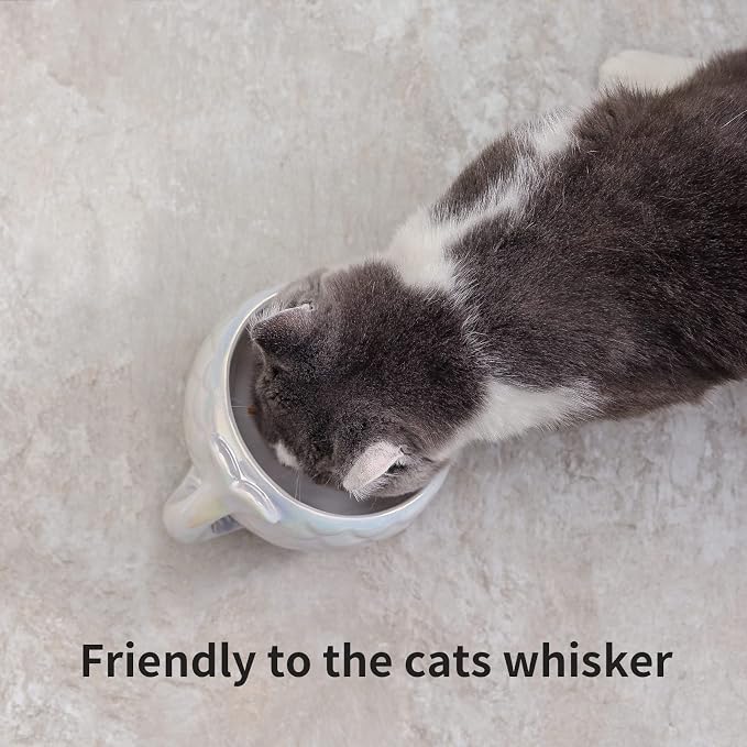 Nihow Cat Food Bowl: 5.7 Inch Ceramic Raised Cat Dish - Elevated Pet Bowl for Protecting Pet's Spine - Colorful White (4OZ /1 PC)